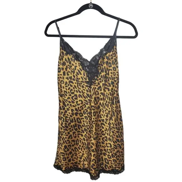 Victoria's Secret Vintage Leopard Print Silk Chemise Slip Black Lace Trim Medium - Picture 1 of 16